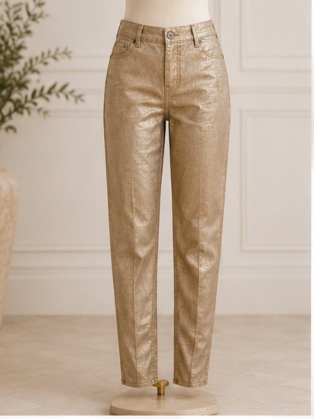 Chico’s Gold Metallic Snake Texture Regular Slim Straight Pants. Size 2.5R/14